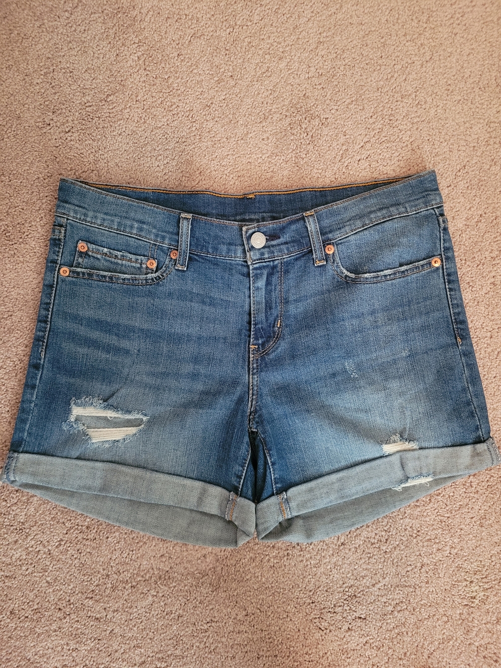 Levi's Mid Blue Distressed Cuffed Denim Shorts